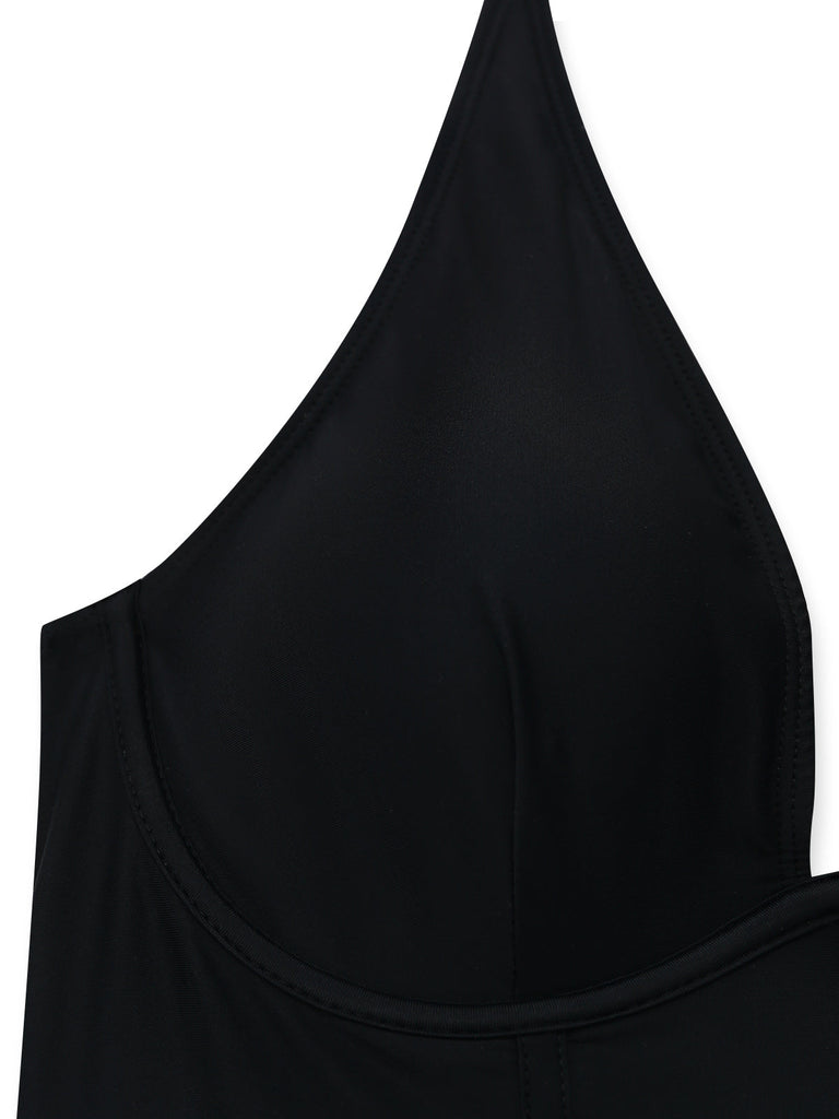Black 1950s Solid Deep V Tummy Control One-Piece Swimsuit: beautiful vintage swimwear, retro swimsuit, pin-up style with timeless appeal