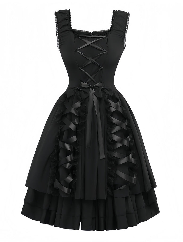 Black 1950s Solid Gothic Lace-Up Dress - vintage dress, retro fashion, rockabilly