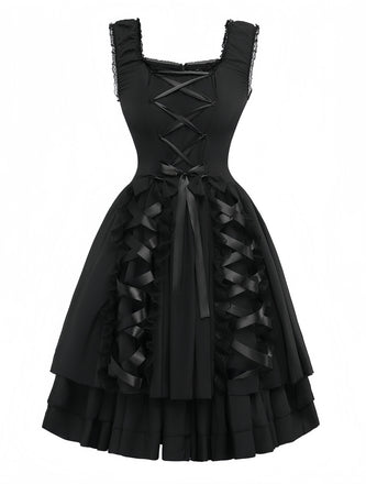 Black 1950s Solid Gothic Lace-Up Dress - vintage dress, retro fashion, rockabilly