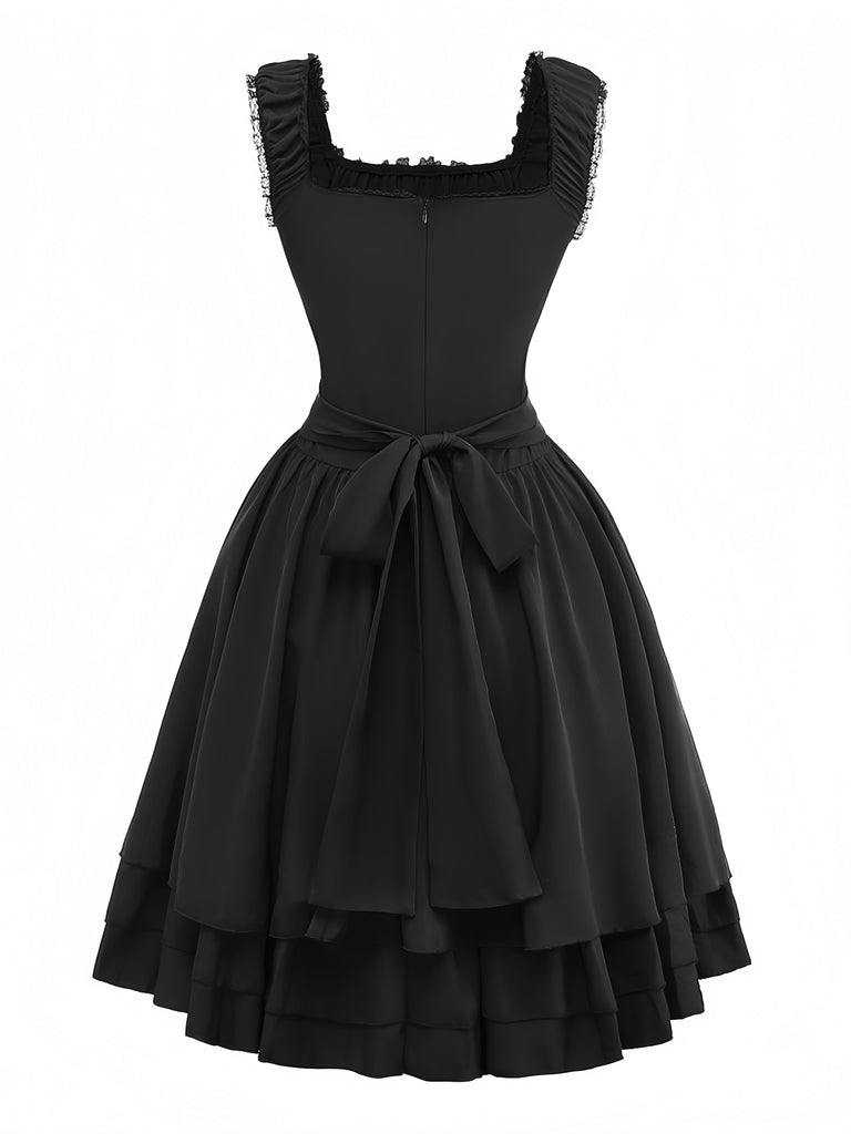 Black 1950s Solid Gothic Lace-Up Dress - vintage dress, retro fashion, rockabilly