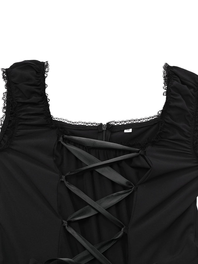Black 1950s Solid Gothic Lace-Up Dress - vintage dress, retro fashion, rockabilly