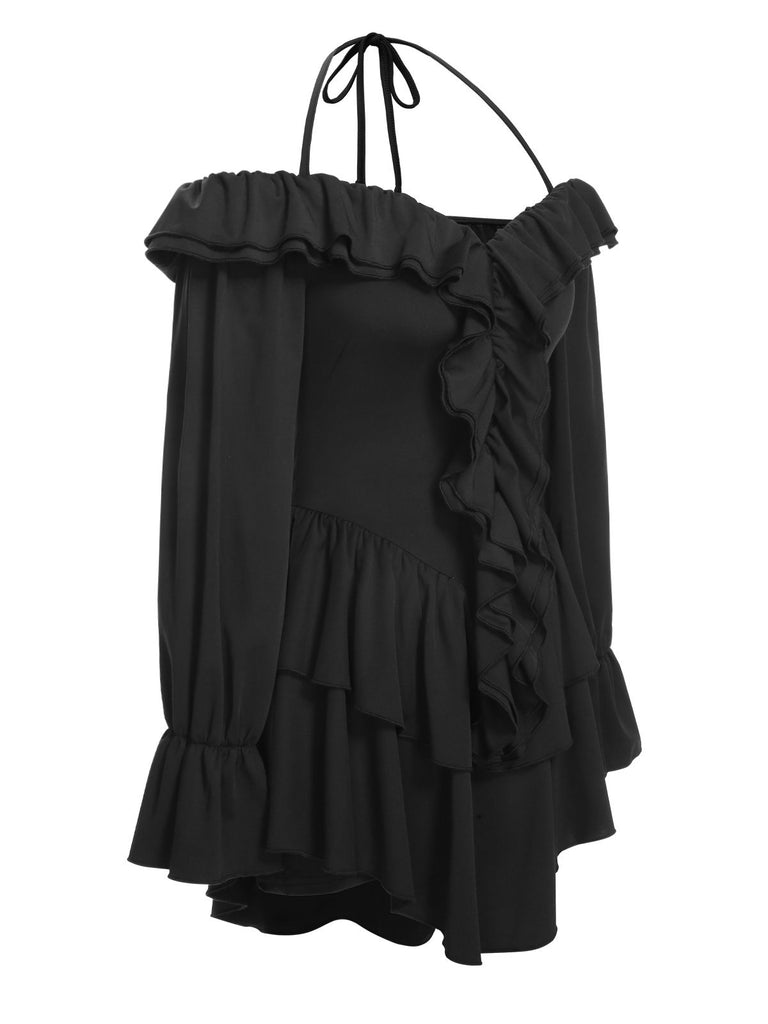 Black 1950s Solid Ruffle Off-Shoulder Romper, vintage romper, retro jumpsuit - perfect for women who love vintage and retro fashion