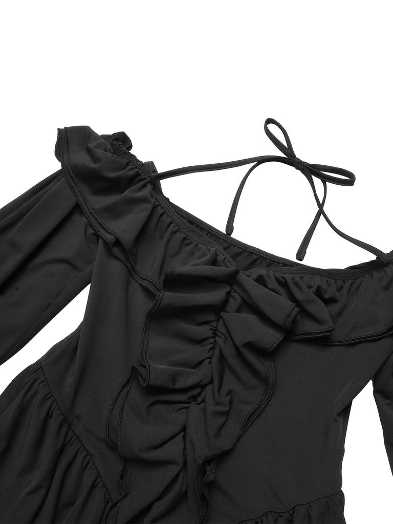 Black 1950s Solid Ruffle Off-Shoulder Romper, vintage romper, retro jumpsuit - perfect for women who love vintage and retro fashion
