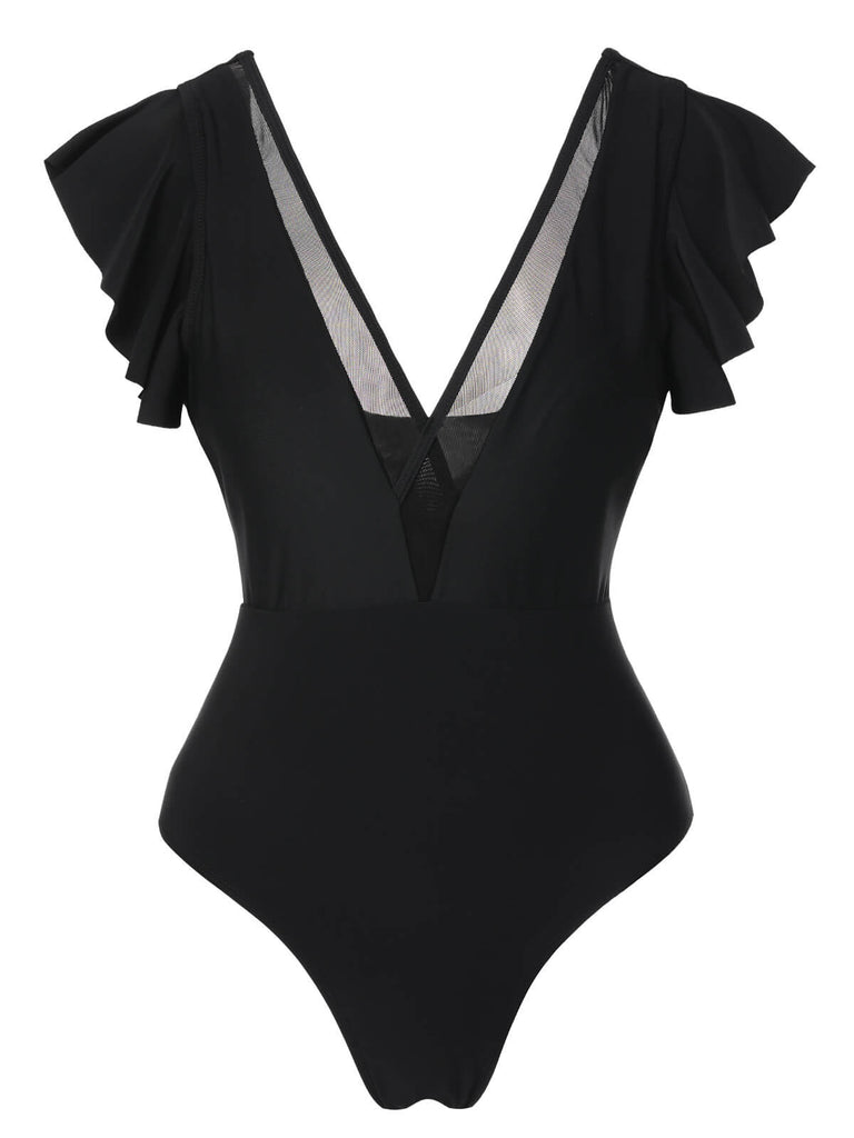 Black 1950s Solid Ruffle Sleeve One-Piece Swimsuit, vintage swimsuit, pin-up swimwear - perfect for women who love vintage and retro fashion