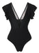 Black 1950s Solid Ruffle Sleeve One-Piece Swimsuit, vintage swimsuit, pin-up swimwear - perfect for women who love vintage and retro fashion