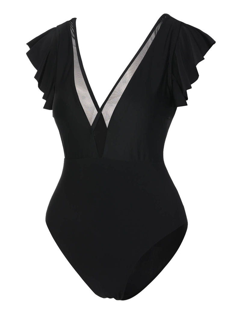 Black 1950s Solid Ruffle Sleeve One-Piece Swimsuit, vintage swimsuit, pin-up swimwear - perfect for women who love vintage and retro fashion
