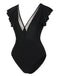 Black 1950s Solid Ruffle Sleeve One-Piece Swimsuit, vintage swimsuit, pin-up swimwear - perfect for women who love vintage and retro fashion