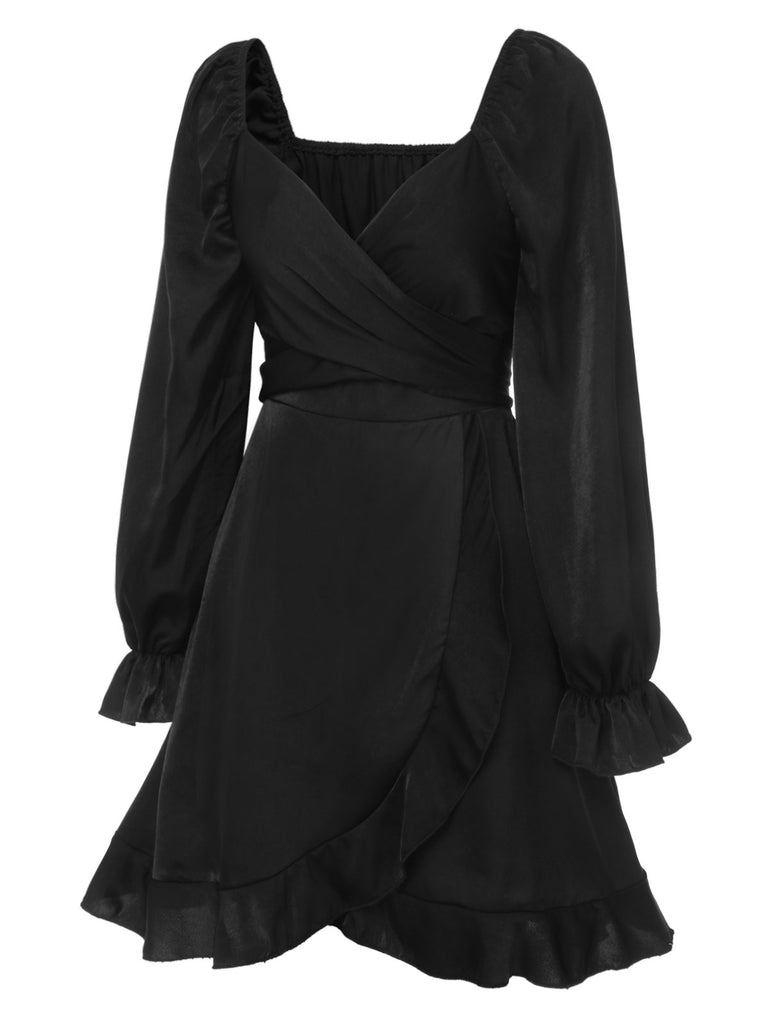 Black 1950s Solid Ruffles V-Neck Dress, vintage dress, retro fashion, rockabilly, pin-up fashion - perfect for women who love vintage and retro fashion