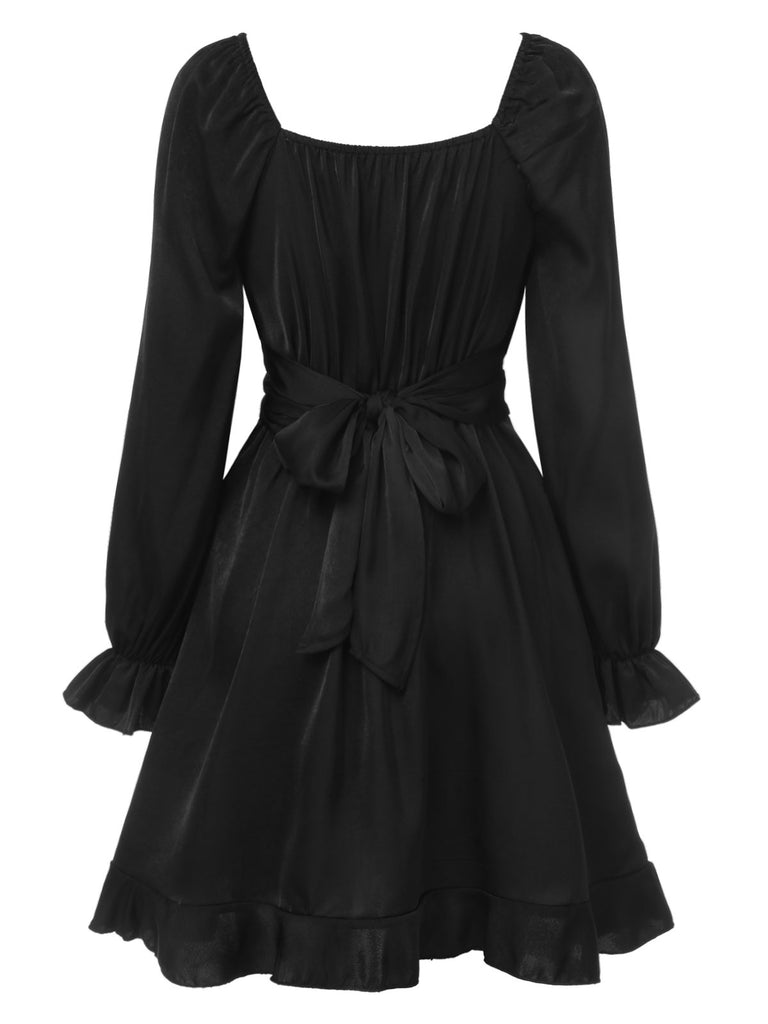 Black 1950s Solid Ruffles V-Neck Dress, vintage dress, retro fashion, rockabilly, pin-up fashion - perfect for women who love vintage and retro fashion