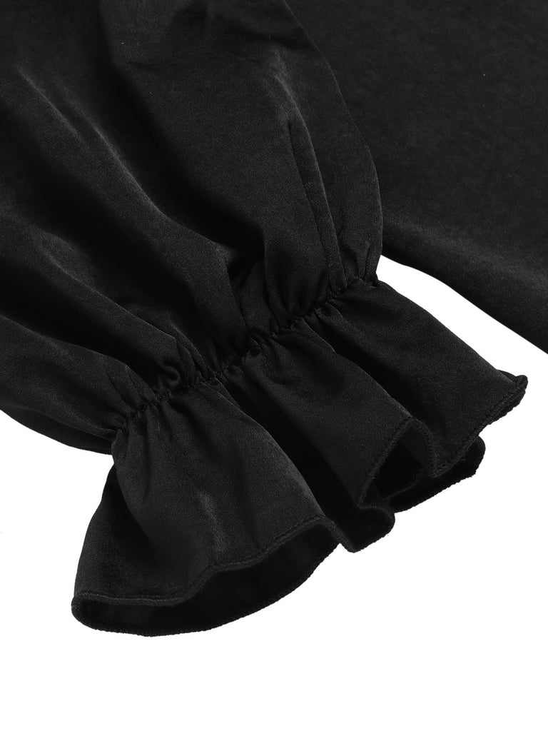 Black 1950s Solid Ruffles V-Neck Dress, vintage dress, retro fashion, rockabilly, pin-up fashion - perfect for women who love vintage and retro fashion
