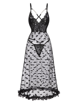 She slips into this Black 1950s Spaghetti Strap Heart Lace Nightgown and suddenly it's a 1950s daydream