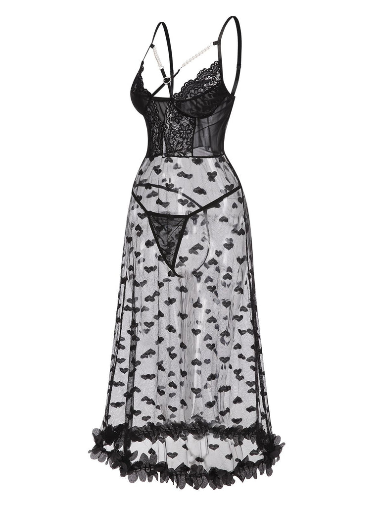 Black 1950s Spaghetti Strap Heart Lace Nightgown: where 1950s romance meets her modern spirit