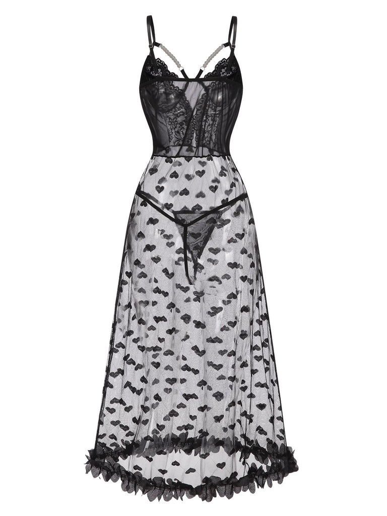 This Black 1950s Spaghetti Strap Heart Lace Nightgown wraps her in 1950s elegance, one twirl at a time