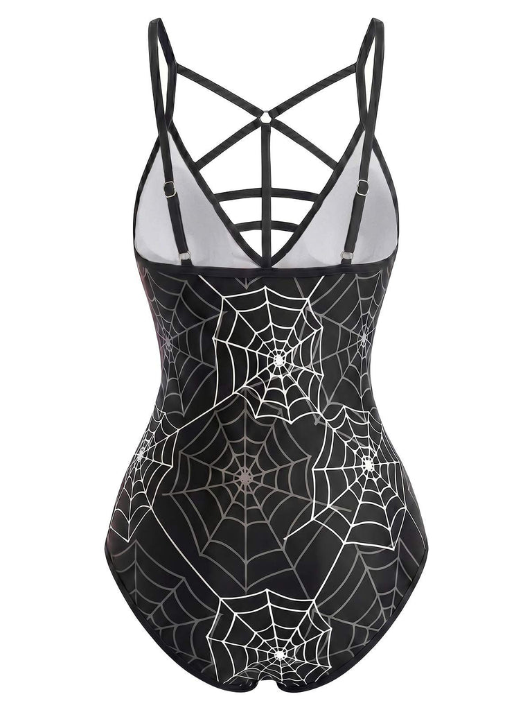 Black 1950s Spider Web Print Gothic One-Piece Swimsuit, vintage swimsuit, pin-up swimwear - perfect for women who love vintage and retro fashion