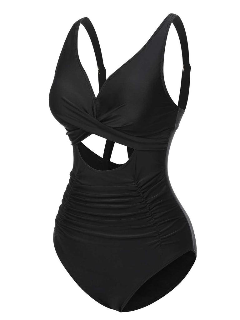 Black 1950s Strap Hollow One-Piece Swimsuit: 1950s Riviera elegance, reimagined for her