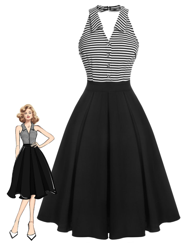 Black 1950s Stripe Lapel Halter Patchwork Dress, vintage dress, retro fashion, rockabilly, pin-up fashion - perfect for women who love vintage and retro fashion