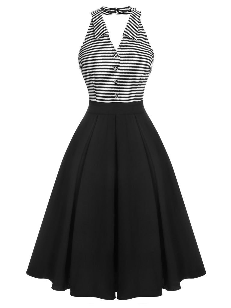 Black 1950s Stripe Lapel Halter Patchwork Dress, vintage dress, retro fashion, rockabilly, pin-up fashion - perfect for women who love vintage and retro fashion