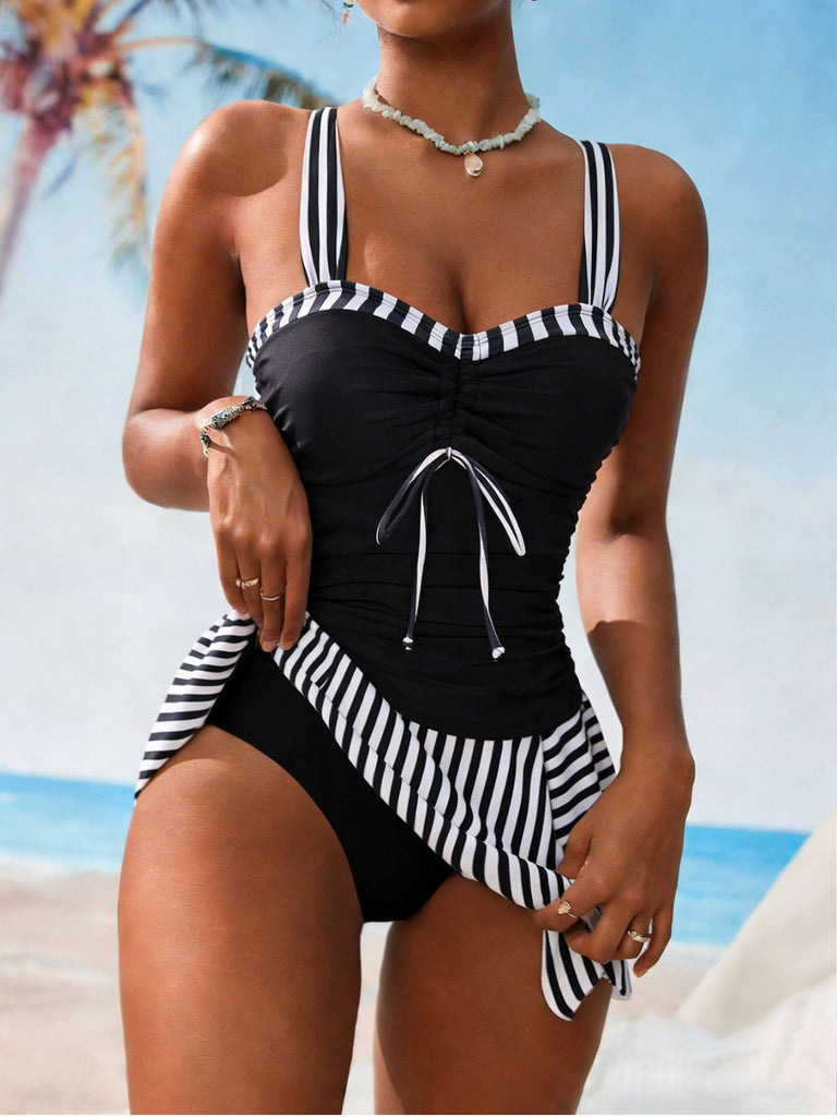 Black 1950s Striped Colorblock Ruched Tankini Set - vintage fashion, retro style, classic black