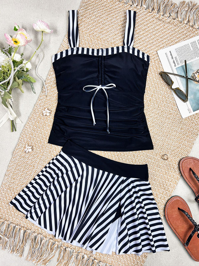 Black 1950s Striped Colorblock Ruched Tankini Set - vintage fashion, retro style, classic black
