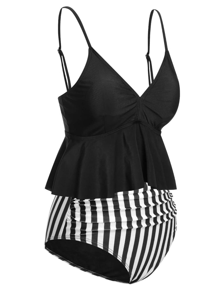 Black 1950s Striped Printed Separate Swimsuit, vintage swimsuit, pin-up swimwear - perfect for women who love vintage and retro fashion