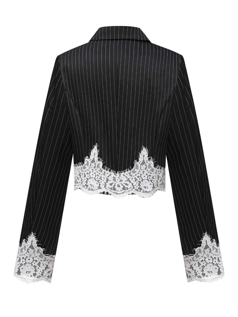 Black 1950s Stripes Lace Trim Cropped Blazer: 1950s tailoring for the woman who leads