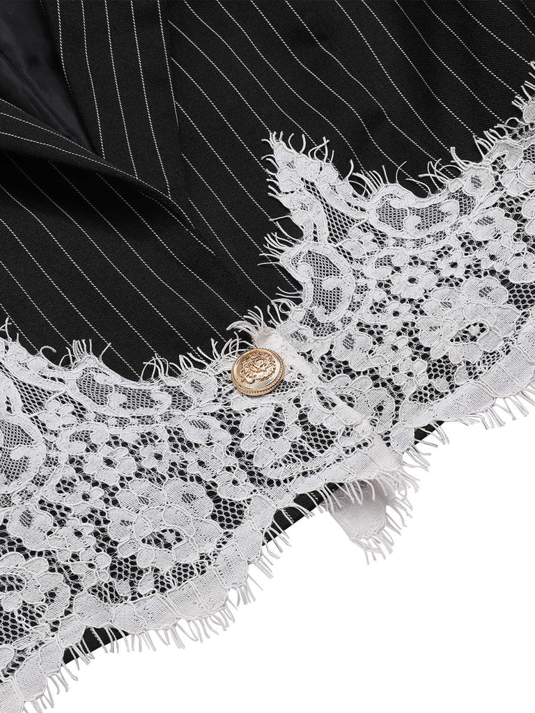 This Black 1950s Stripes Lace Trim Cropped Blazer is her armor of 1950s elegance