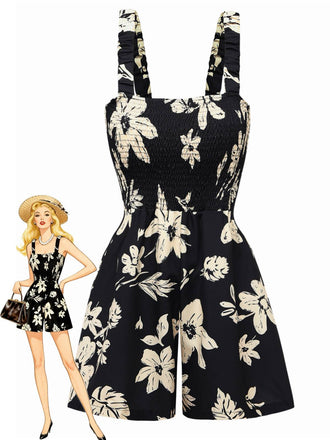 Black 1950s Tropical Botanical Print Square Neck Romper - vintage romper, retro jumpsuit, playful style for vintage lovers