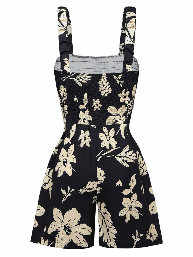 Black 1950s Tropical Botanical Print Square Neck Romper | vintage romper, retro jumpsuit, playful style - perfect for retro fashion enthusiasts