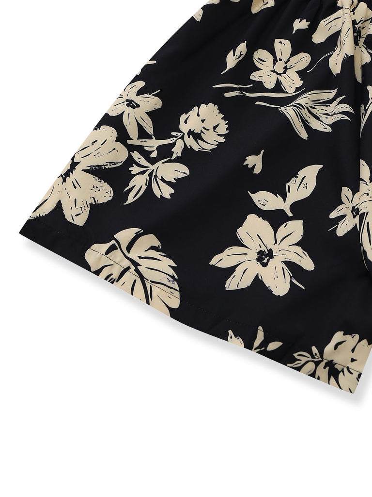 Black 1950s Tropical Botanical Print Square Neck Romper: beautiful vintage romper, retro jumpsuit, playful style with timeless appeal