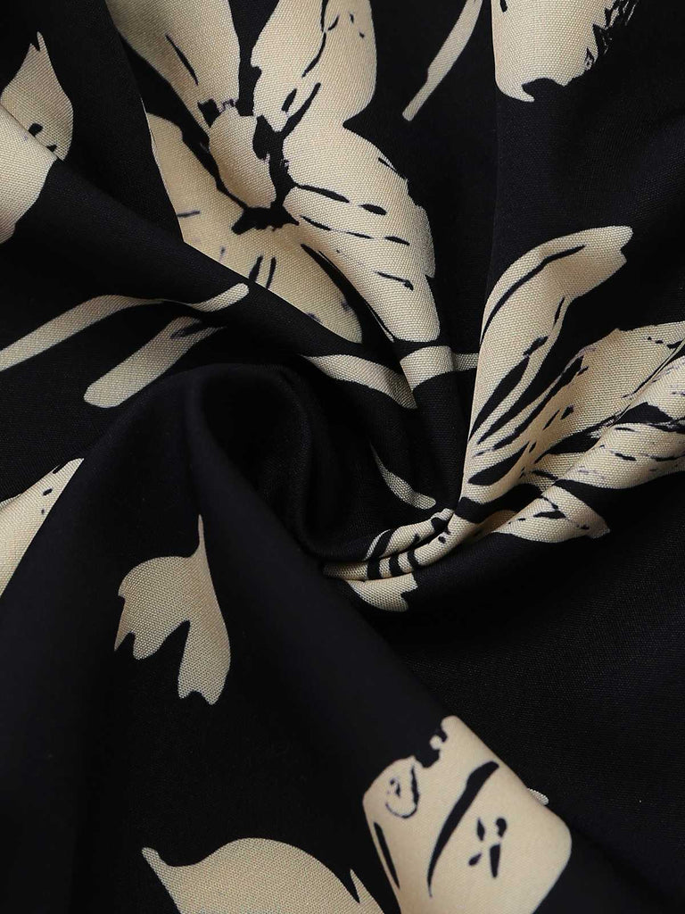 Black 1950s Tropical Botanical Print Square Neck Romper | vintage romper, retro jumpsuit, playful style - perfect for retro fashion enthusiasts