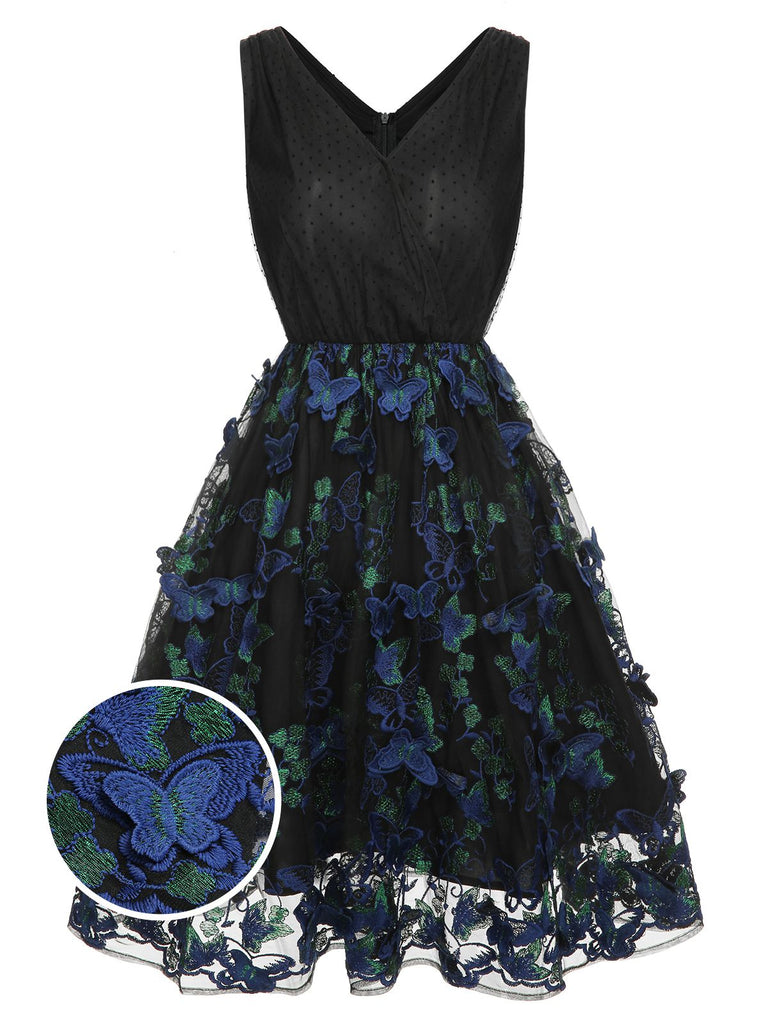 Black 1950s V-Neck 3D Butterfly Mesh Dress, vintage dress, retro fashion, rockabilly, pin-up fashion - perfect for women who love vintage and retro fashion