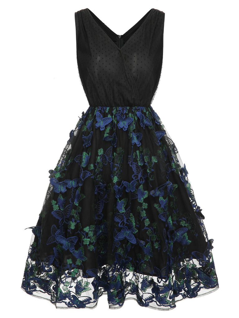 Black 1950s V-Neck 3D Butterfly Mesh Dress, vintage dress, retro fashion, rockabilly, pin-up fashion - perfect for women who love vintage and retro fashion