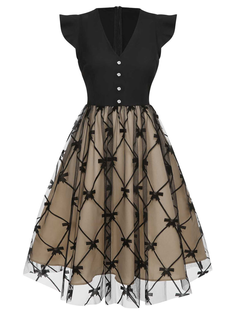 Black 1950s V-Neck Bow Mesh Dress: where 1950s romance meets her modern spirit