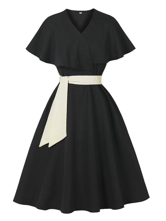 Black 1950s V-Neck Cloak Belted Dress - vintage dress, retro fashion, rockabilly