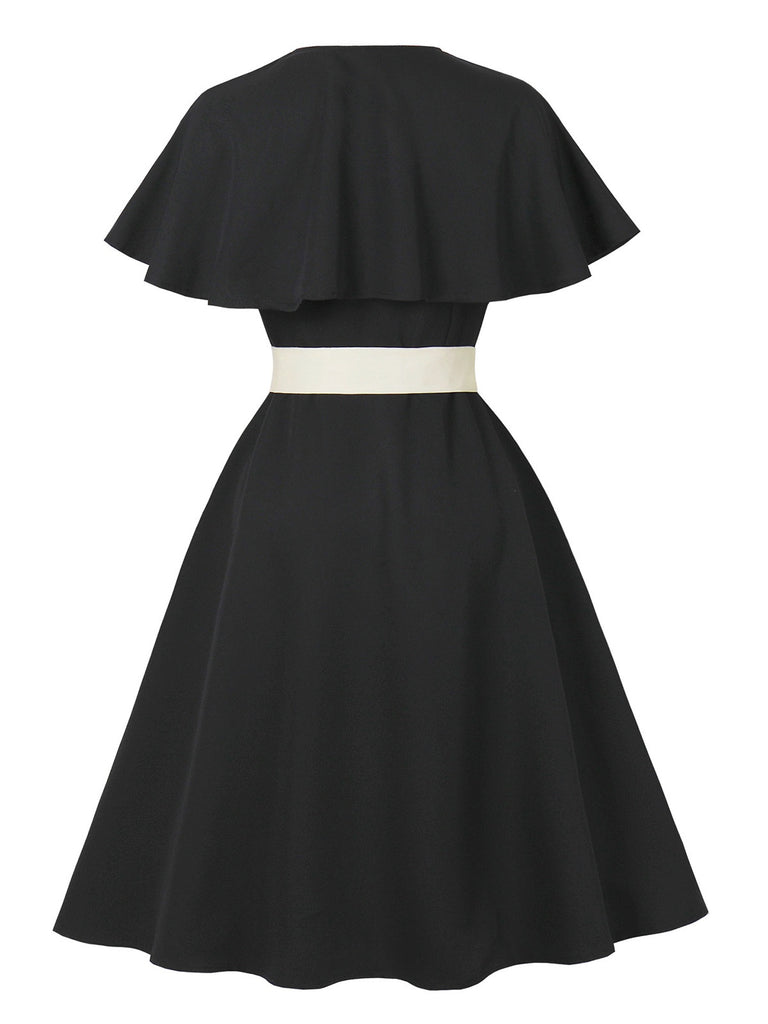 Black 1950s V-Neck Cloak Belted Dress - vintage dress, retro fashion, rockabilly