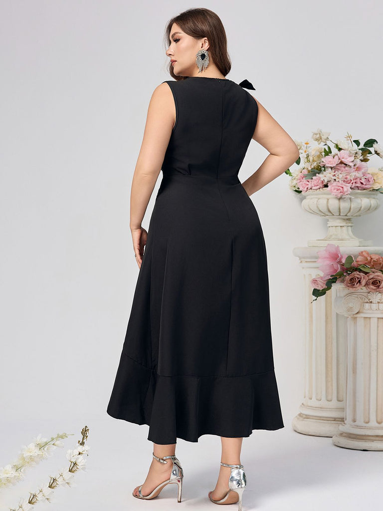 Black 1950s V-Neck Ruffles Dress: where 1950s romance meets her modern spirit