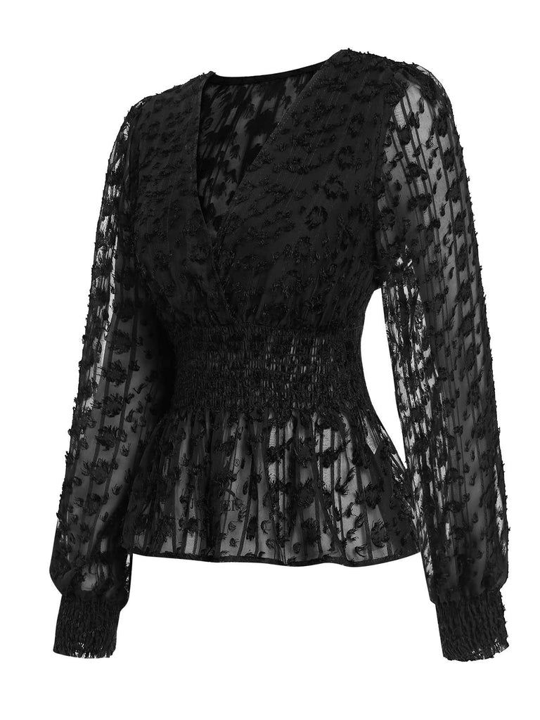 Black 1950s V-Neck Smocked Translucent Top, vintage top, retro blouse - perfect for women who love vintage and retro fashion