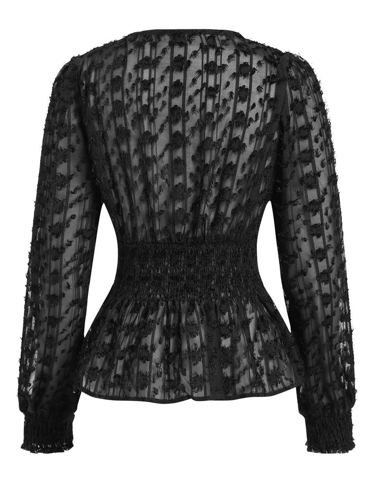 Black 1950s V-Neck Smocked Translucent Top, vintage top, retro blouse - perfect for women who love vintage and retro fashion