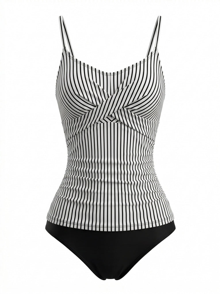 Black 1950s V-Neck Spaghetti Strap Striped Tankini 2