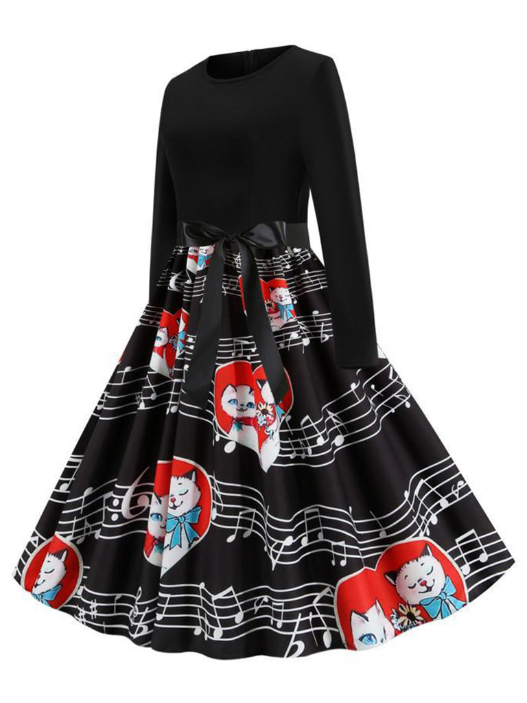 Black 1950s Valentine Cats & Music Note Patchwork Dress: where 1950s romance meets her modern spirit