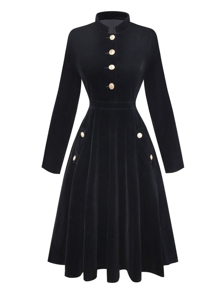 Black 1950s Velvet Stand Collar Dress - vintage dress, retro fashion, rockabilly