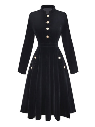 Black 1950s Velvet Stand Collar Dress - vintage dress, retro fashion, rockabilly