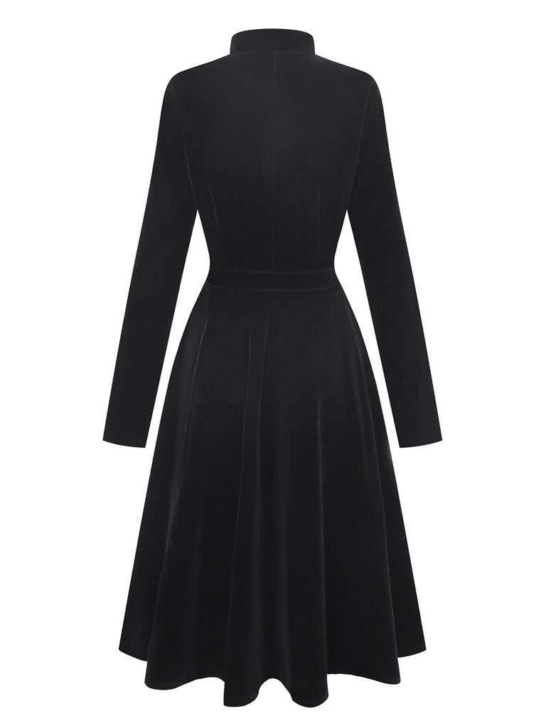 Black 1950s Velvet Stand Collar Dress - vintage dress, retro fashion, rockabilly