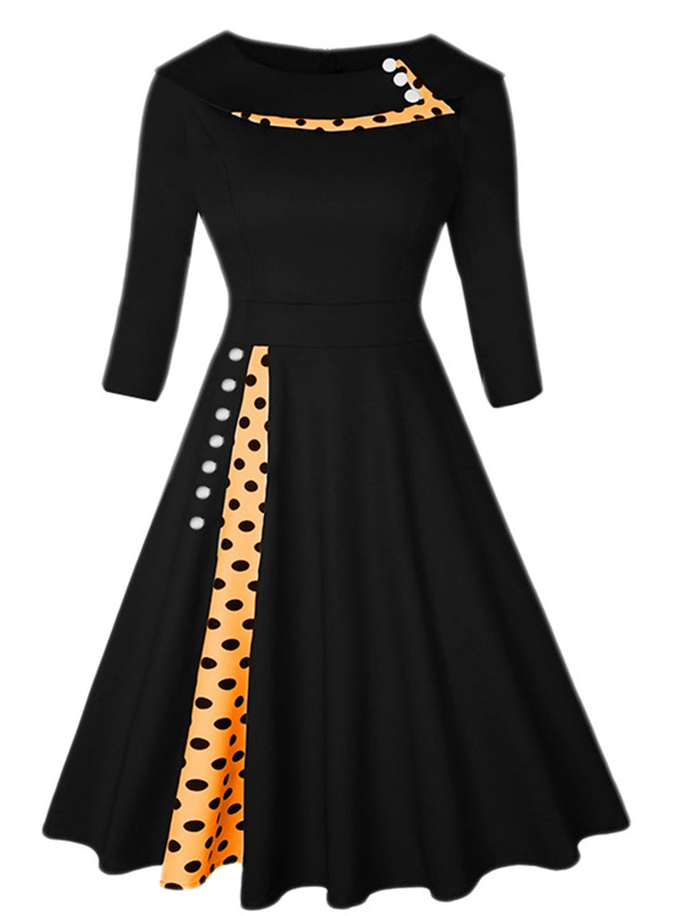 She slips into this Black 1950s Wide Lapel Polka Dots Patchwork Dress and suddenly it's a 1950s daydream