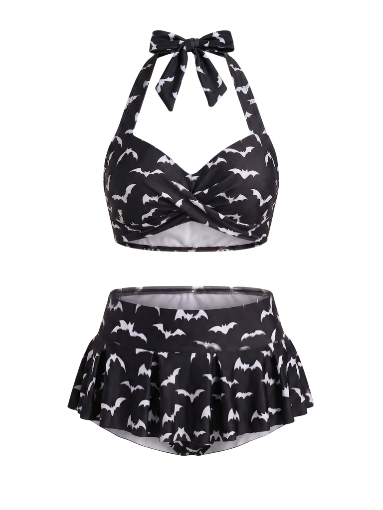 [Pre-Sale] Black 1960s Bat Heart Embellished Bikini Set - vintage swimsuit, pin-up swimwear for vintage lovers