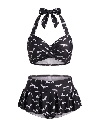 [Pre-Sale] Black 1960s Bat Heart Embellished Bikini Set - vintage swimsuit, pin-up swimwear for vintage lovers