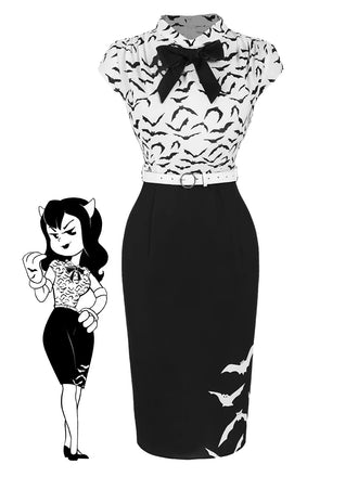 Black 1960s Bats Bow Lapel Pencil Dress, vintage dress, retro fashion - perfect for women who love vintage and retro fashion