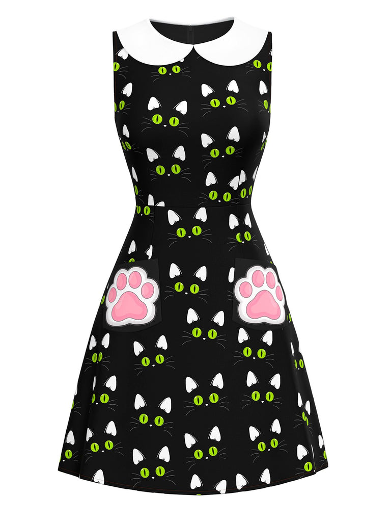 Black 1960s Cat Print Paw Pockets Dress - vintage dress, retro fashion, classic black