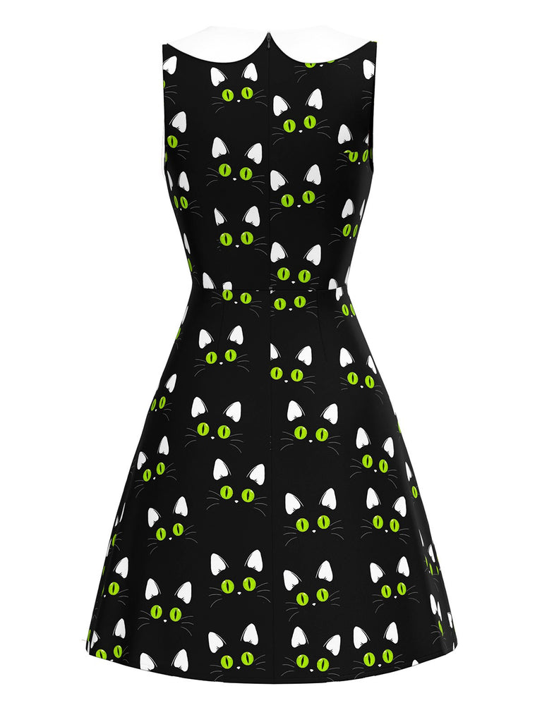 Black 1960s Cat Print Paw Pockets Dress - vintage dress, retro fashion, classic black