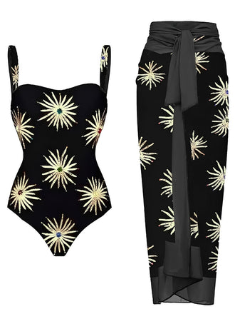Black 1960s Firework Gilded One-Piece Swimsuit & Cover-Up, vintage swimsuit, pin-up swimwear - perfect for women who love vintage and retro fashion